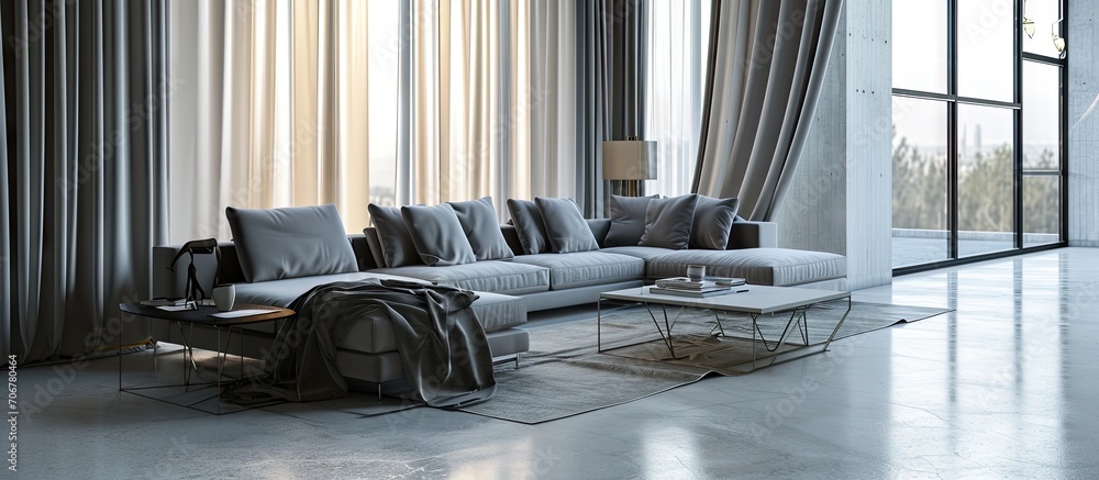 Aufkleber Small living room with grey corner sofa and stylish coffee table on wheels and big windows behind gray and white curtains. with copy space image. Place for adding text or design