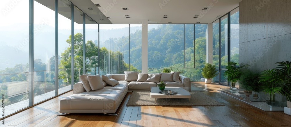 Poster spacious living room with balcony doors and large sofa. with copy space image. place for adding text