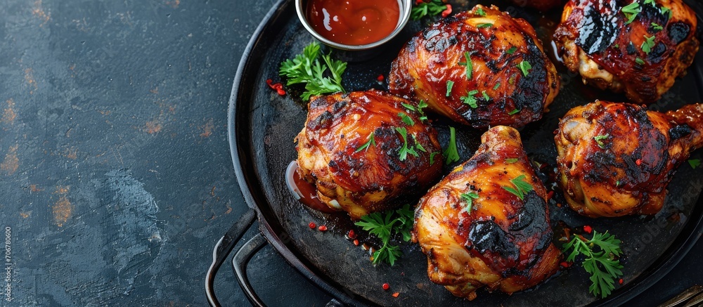 Poster Spicy Grilled Caribbean Jerk Chicken drumsticks and thighs on a black platter on a concrete table with sauce in a bowl horizontal view from above flat lay empty space. with copy space image