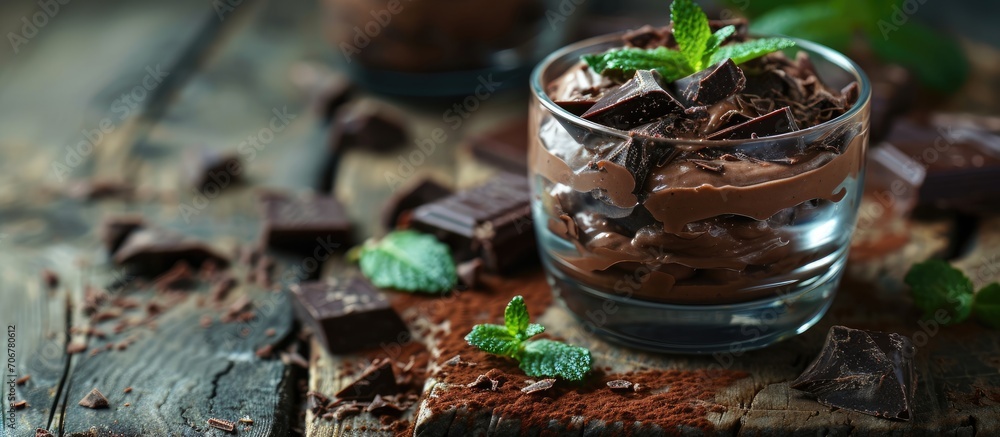 Poster Raw avocado chocolate mousse topped with chocolate and mint selective focus Healthy vegan chocolate dessert. with copy space image. Place for adding text or design