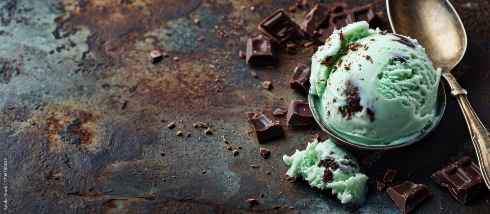 Aufkleber organic green mint chocolate chip ice cream with a spoon. with copy space image. place for adding te