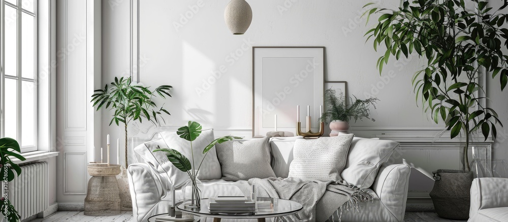 Poster pillows frames candles and plants decorating modern scandinavian living room. with copy space image.