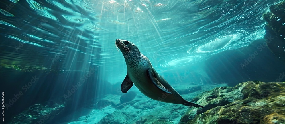 Poster Seal phoca swims underwater Underwater seal. with copy space image. Place for adding text or design