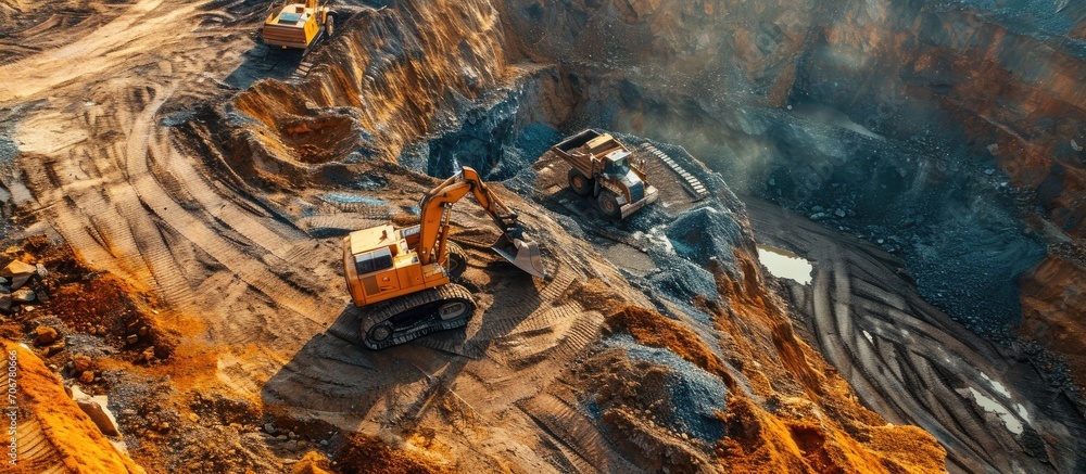 Poster quarry extracting iron ore with heavy trucks excavators diggers and locomotives. with copy space image. Place for adding text or design