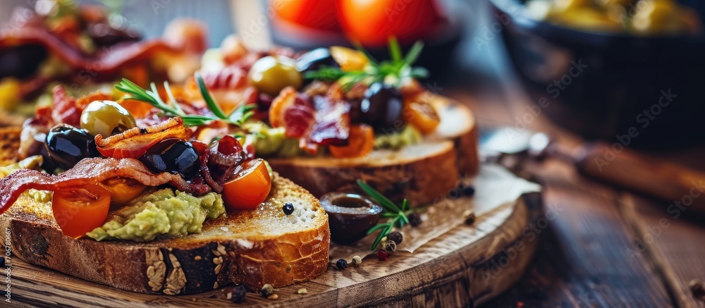 Aufkleber Scramble on toast with bacon guacamole and olives Healthy and tasty breakfast on a plate. with copy space image. Place for adding text or design