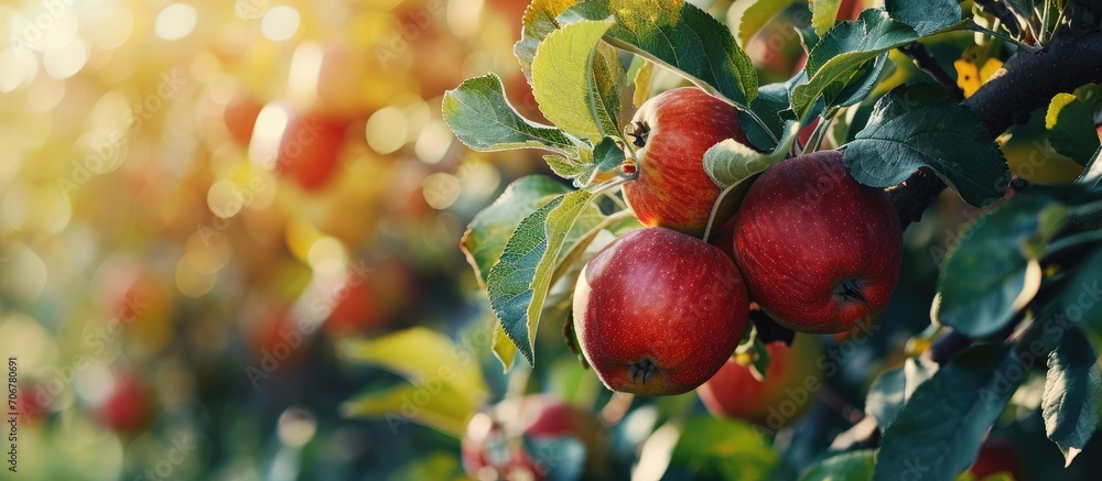 Poster Shiny delicious apples hanging from a tree branch in an apple orchard. with copy space image. Place for adding text or design