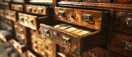 Old library or archive reference catalogue with opened card drawer. with copy space image. Place for adding text or design