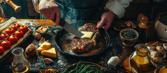Overhead shot of chef preparing ribeye with butter thyme and garlic Keto diet. with copy space image. Place for adding text or design