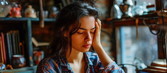 Rear view of brunette woman holding head in hands while feeling headache from fixing things in apartment. with copy space image. Place for adding text or design