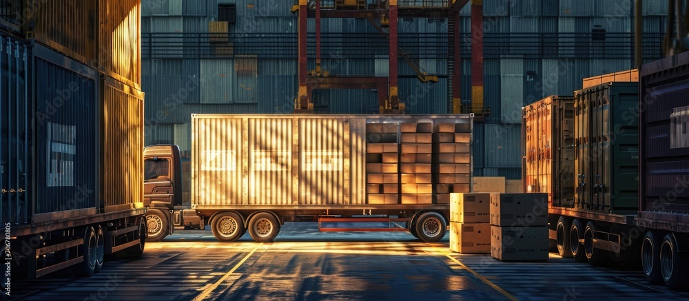Poster Packaging Boxes Stacked on Pallets Load with Shipping Cargo Container Delivery Trucks Loading at Dock Warehouse Supply Chain Shipment Boxes Distribution Warehouse Freight Truck Transport Logist