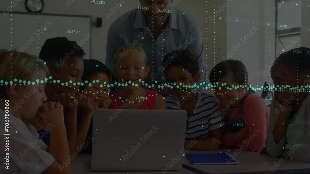 Poster animation of statistics and data processing over diverse school children in classroom