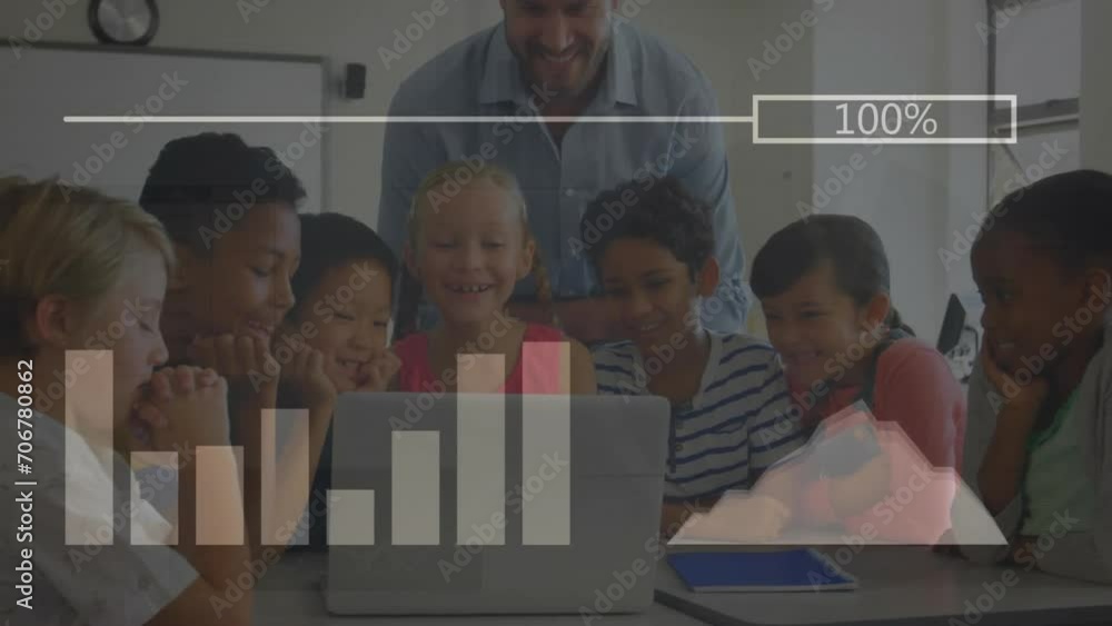 Aufkleber animation of statistics and data processing over diverse school children in classroom