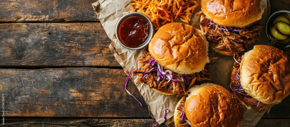 Aufkleber Pulled pork sandwiches with BBQ sauce cabbage and pickles overhead shot. with copy space image. Place for adding text or design
