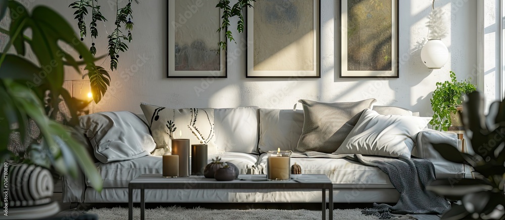 Poster pillows frames candles and plants decorating modern scandinavian living room. with copy space image.