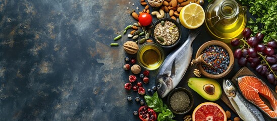Overhead View of Fresh Omega 3 Rich Foods A variety of healthy foods like fish nuts seeds fruit vegetables and oil rich in omega 3 nutrients. with copy space image. Place for adding text or design - Powered by Adobe