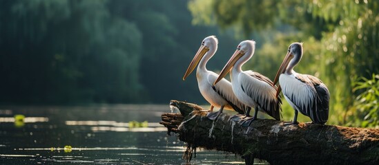 Nature in romania danube three pelicans perched on a log in a serene water habitat wildlife Delta landscape. with copy space image. Place for adding text or design - obrazy, fototapety, plakaty