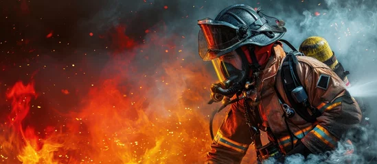 Foto op Aluminium Two brave firefighter using extinguisher and water from hose for fire fighting Firefighter spraying high pressure water to fire Firefighters training foreground is drop of water springer Image © vxnaghiyev
