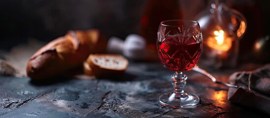 Taking Communion Cup of glass with red wine bread on wooden table focus on wine. with copy space image. Place for adding text or design - Powered by Adobe