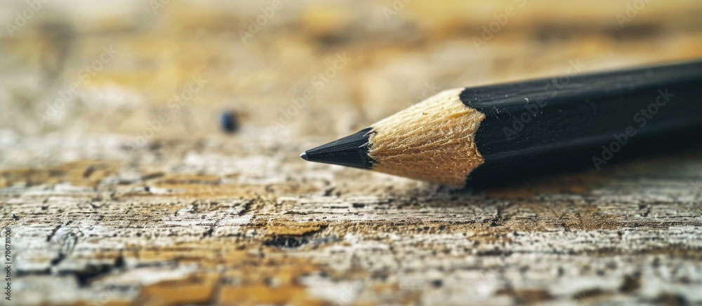 Leinwandbilder Paper sheet with a pencil on wooden table Pencil on table the blogger instrument. with copy space image. Place for adding text or design