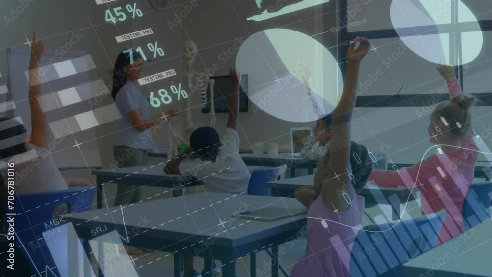 Poster animation of statistics and data processing over diverse school children in classroom