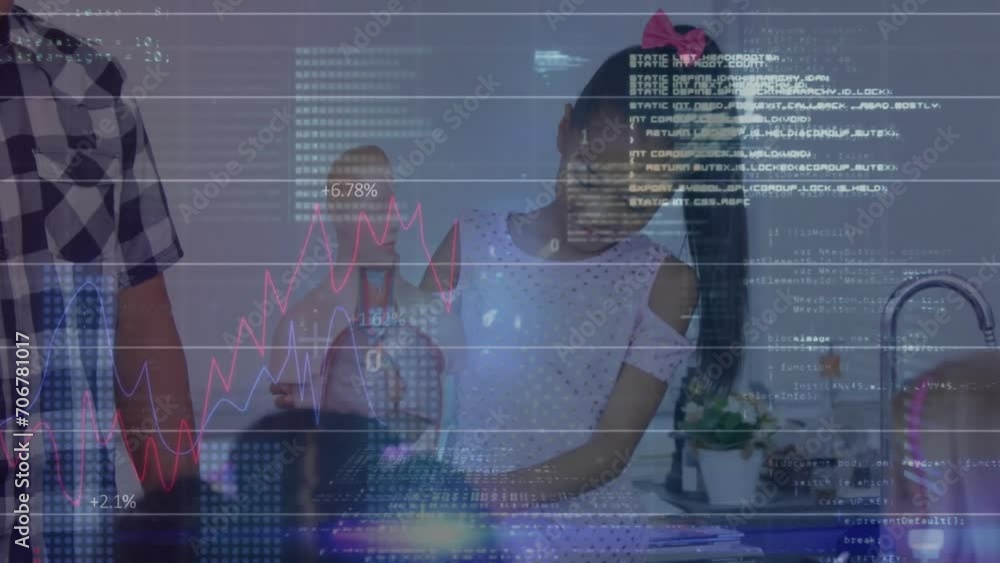 Aufkleber animation of statistics and data processing over diverse school children in classroom
