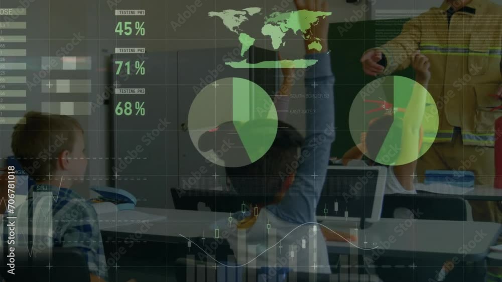 Aufkleber animation of statistics and data processing over diverse school children in classroom