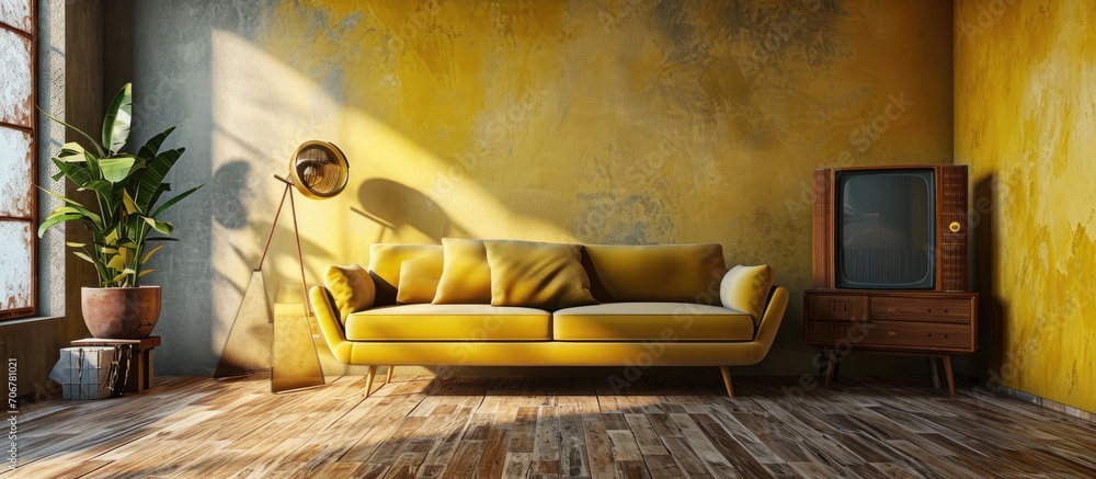 Aufkleber stylish retro room with sofa and vintage tv. with copy space image. place for adding text or design