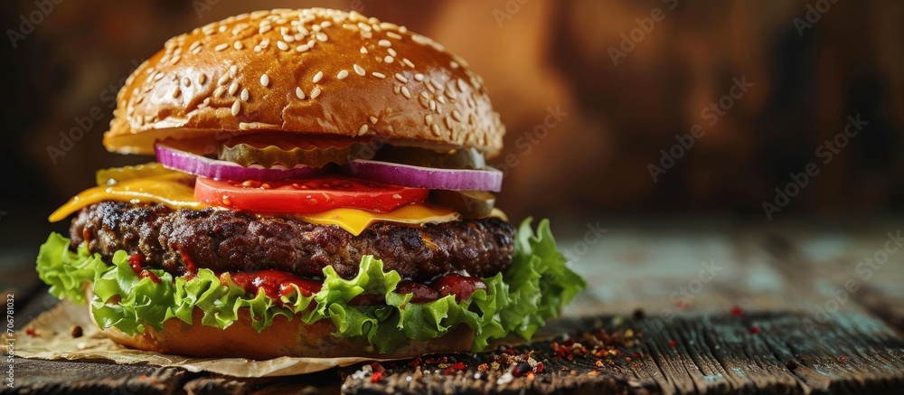 Poster Savor the ultimate burger where flavors unite to create a masterpiece of juicy beef artisanal ingredients and expert craftsmanship. with copy space image. Place for adding text or design