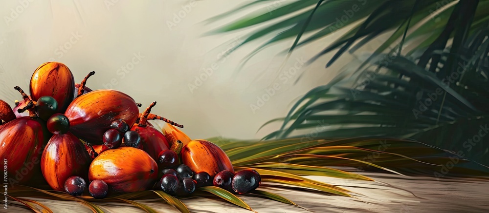Poster palm and palm oil are extracted from palm fruit. with copy space image. place for adding text or des