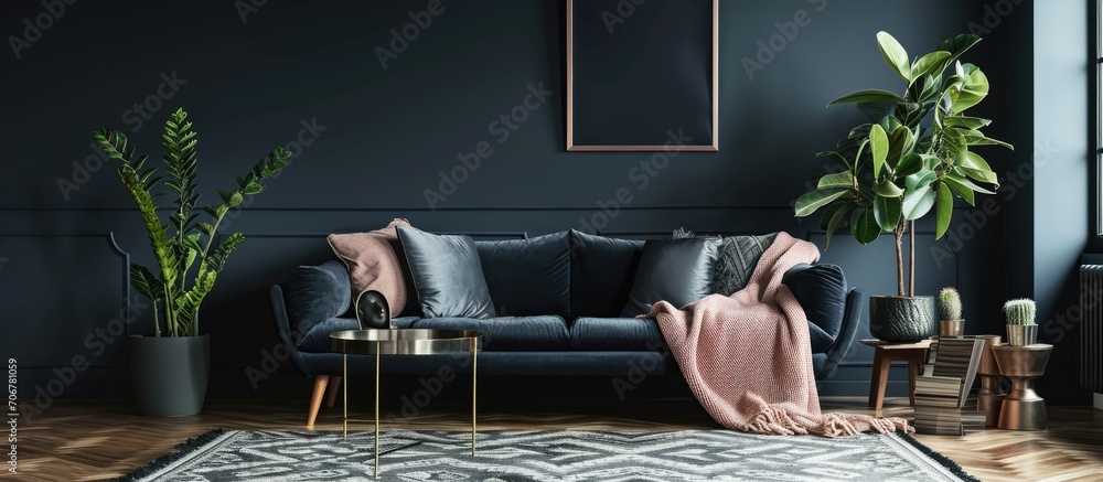 Poster plant and poster on rustic cupboard next to a dark sofa with grey pillow and pink blanket in cozy li