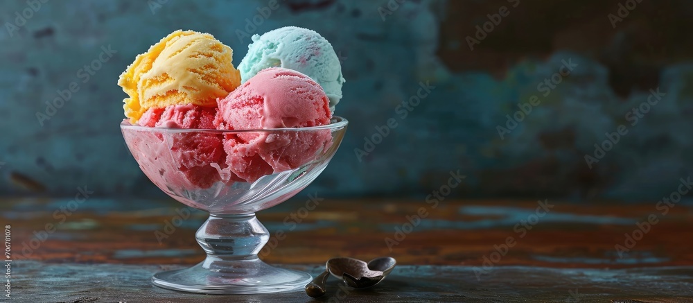 Poster Neapolitan ice cream Glass bowl with ice cream in strawberry vanilla and chocolate flavors. with copy space image. Place for adding text or design