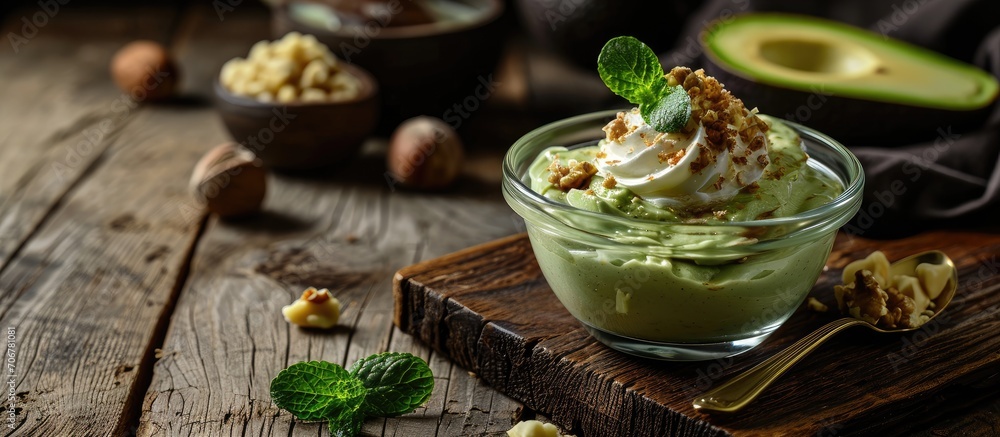 Poster Raw avocado chocolate mousse topped with hazelnuts. with copy space image. Place for adding text or design