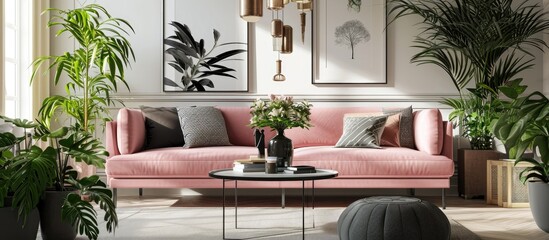 Stylish interior of living room with design pink sofa elegant pouf coffee table plants pillows decoration elegant personal accessories and mock up poster frames in modern home decor