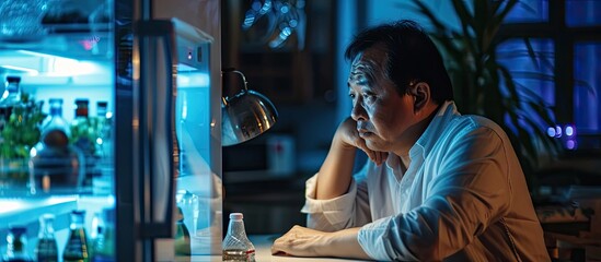 Fototapeta na wymiar Shocked middle aged chinese man looking inside empty fridge and touching his head lack of food need for shopping suffering from financial hangover while pandemic shot from inside copy space