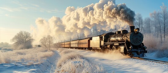 steam freight train passing through snow wallpaper. with copy space image. Place for adding text or design