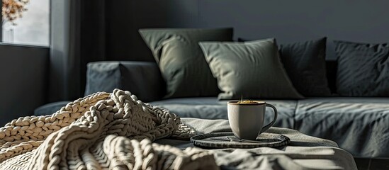 Tray with cup of coffee and soft chunky knit blanket on sofa indoors. with copy space image. Place for adding text or design