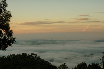 Fototapeta na wymiar Morning mist on the high mountains.