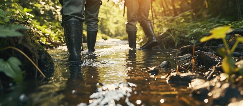 Two scientists ecologists in high rubber boots walking in the water of the forest river Field work. with copy space image. Place for adding text or design