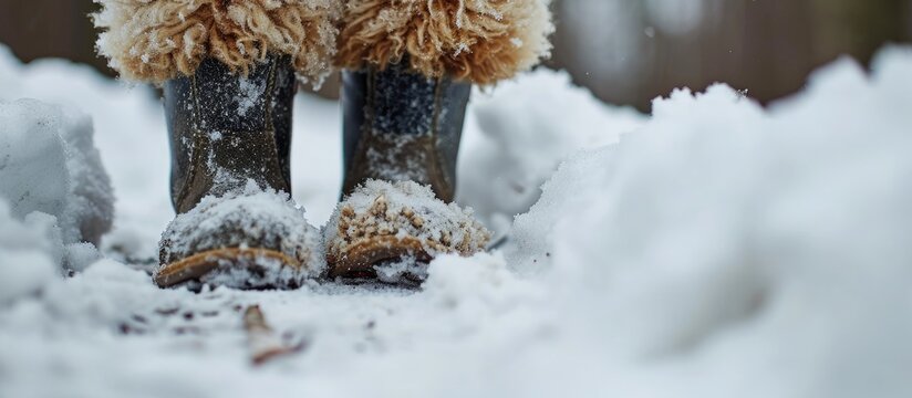 Snow building up on the legs of a poodle while wearing rubber boots to protect their feet. with copy space image. Place for adding text or design