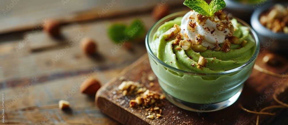 Poster Raw avocado chocolate mousse topped with hazelnuts. with copy space image. Place for adding text or design