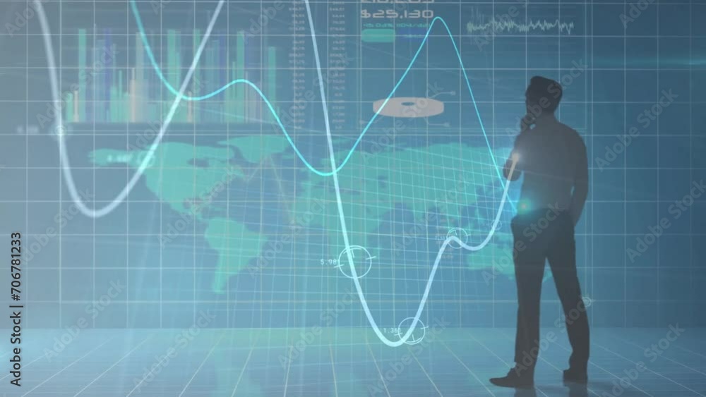 Aufkleber animation of financial data processing over businessman and world map on dark background