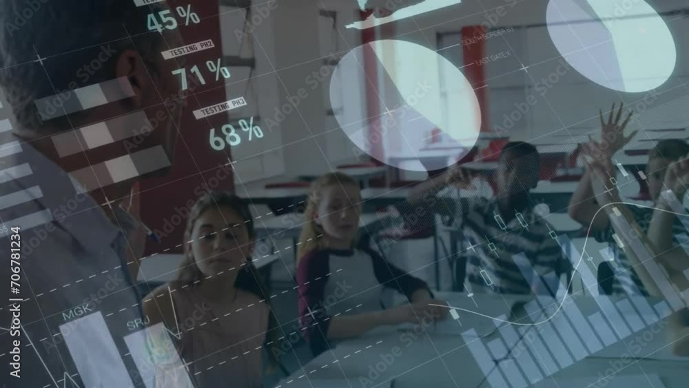 Aufkleber animation of statistics and data processing over diverse school children in classroom