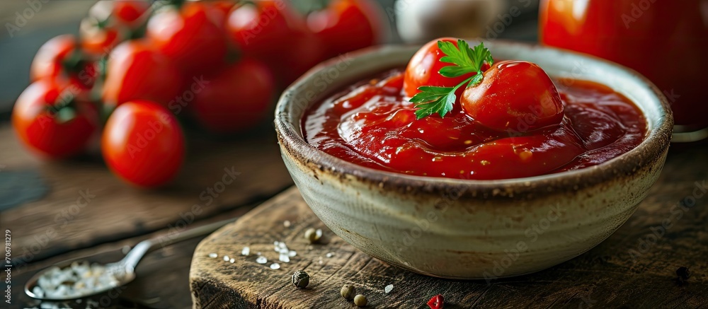 Aufkleber tomato ketchup sauce in a bowl with spices herbs and cherry tomatoes selective focus. with copy spac