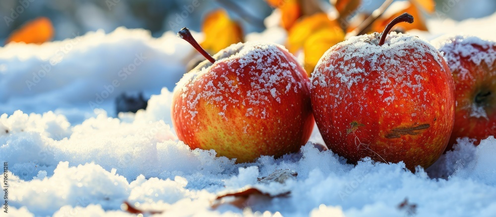 Poster The apples in the orchard remained unharmed Apples on which the snow fell Rotten apples and snow. with copy space image. Place for adding text or design