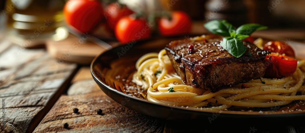 Poster roasts to the wood sauce with pasta file mignon steak. with copy space image. place for adding text 