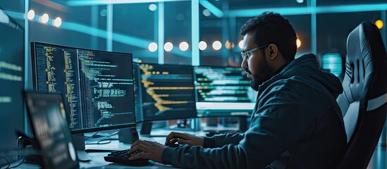 Muslim guy working with code and AI interface on a desktop computer He is a professional developer managing data on a networked server in a cloud based data center. with copy space image