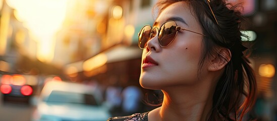 Smiling asian beauty businesswoman with sun protection uv or sunscreen sun block in the modern city. with copy space image. Place for adding text or design