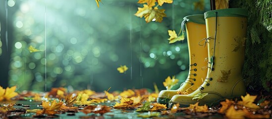 Umbrella rubber boots and autumn leaves on green background. with copy space image. Place for adding text or design - obrazy, fototapety, plakaty