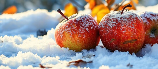 The apples in the orchard remained unharmed Apples on which the snow fell Rotten apples and snow. with copy space image. Place for adding text or design