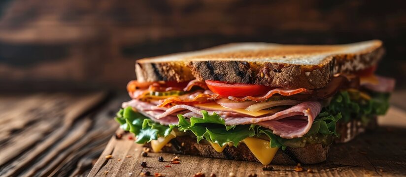 Sandwich Tasty sandwich with ham or bacon cheese tomatoes lettuce and grain bread Delicious club sandwich or school lunch breakfast or snack. with copy space image. Place for adding text or design